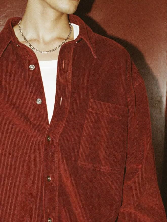 Oxblood corduroy and a thin silver chain