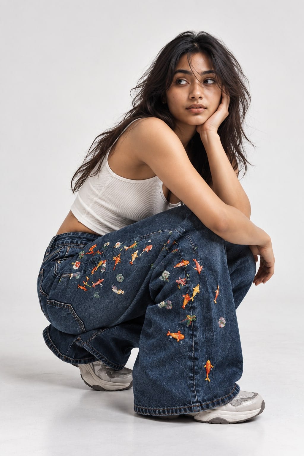 Model crouching in mid-indigo wide jeans with small embroidered koi scattered down the leg